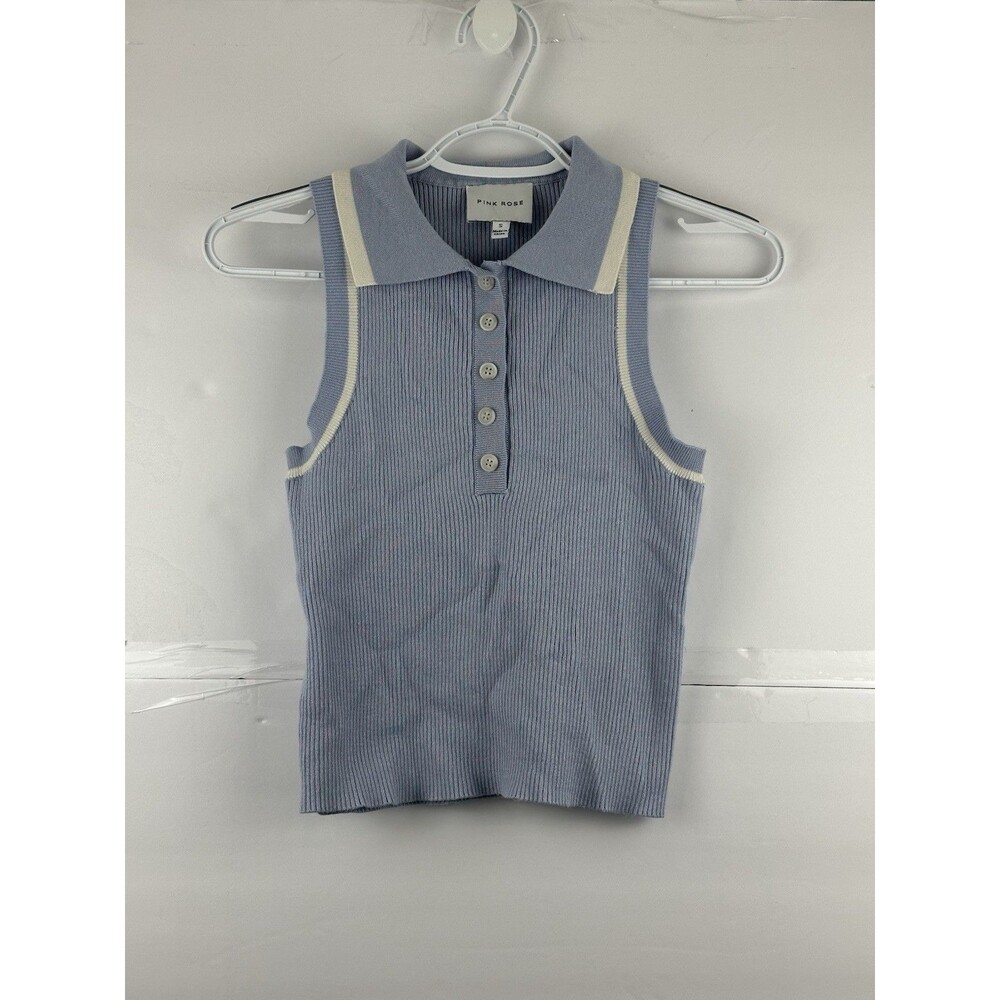 Pink Rose Blue Ribbed Knit Polo Dress Women’s Small Sleeveless Striped